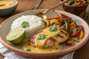 Close-up of Churu Chicken Amarillo, a creamy Peruvian dish with aji amarillo sauce, rice, and vegetables, garnished with cilantro.