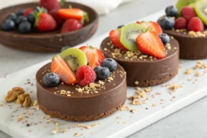 Close-up of chocolate rice cakes on a white platter