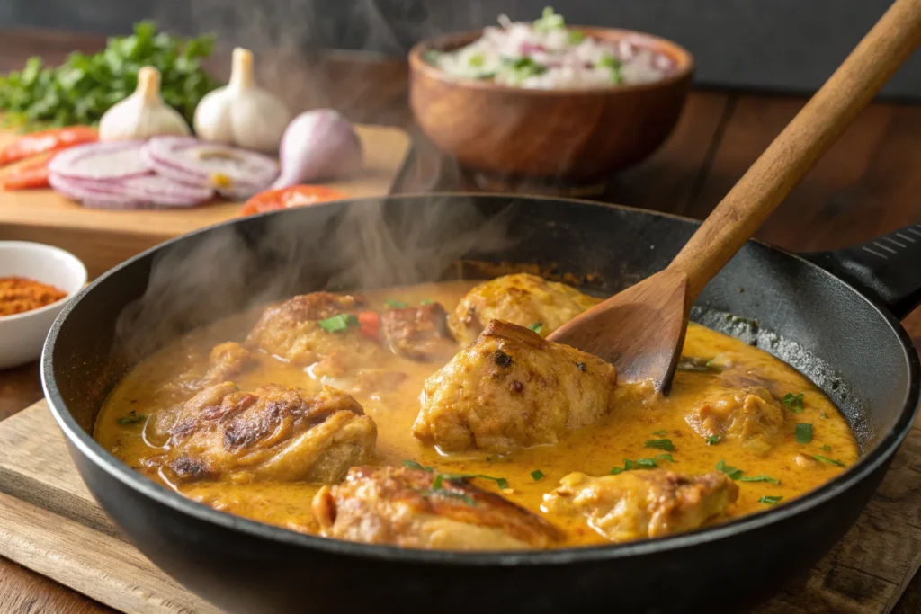 Golden-brown chicken simmering in creamy aji amarillo sauce in a pan, with steam rising and a wooden spoon stirring the mixture.
