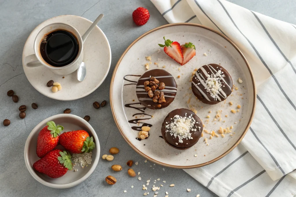 A plate of chocolate-covered rice cakes topped with nuts, coconut flakes, and white chocolate drizzle, served with fresh strawberries and coffee	