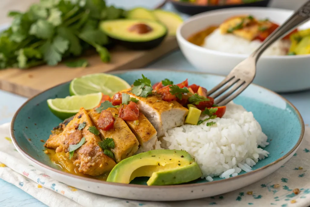 A plated serving of Churu Chicken Amarillo with rice, avocado, and Peruvian potatoes, garnished with cilantro and lime.
