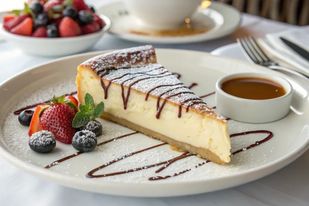 A sliced Xango dessert topped with chocolate drizzle and powdered sugar, served with fresh berries and caramel sauce	