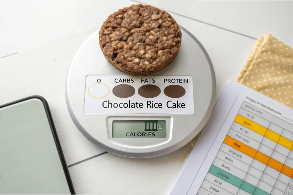 A chocolate rice cake on a digital scale showing its calorie count	