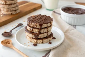 Stack of chocolate rice cakes drizzled with dark chocolate on a white plate