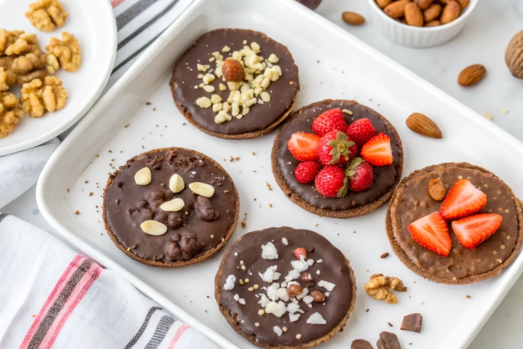 Overhead view of homemade chocolate rice cakes with toppings	