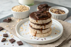 Close-up of chocolate rice cakes on a white plate