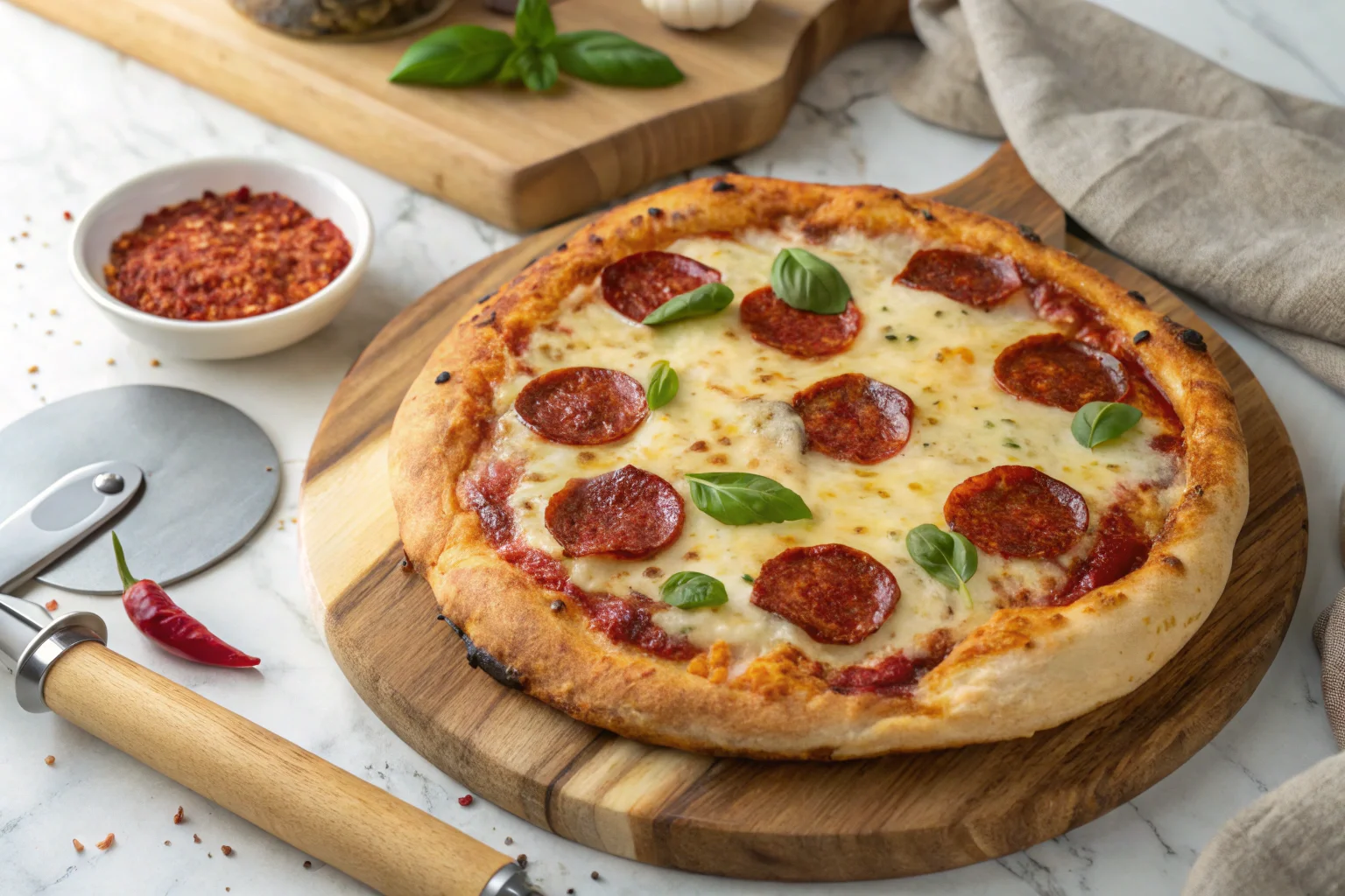 A mouth-watering 10-inch pizza with melted cheese and pepperoni, served on a wooden board with a pizza cutter on the side.