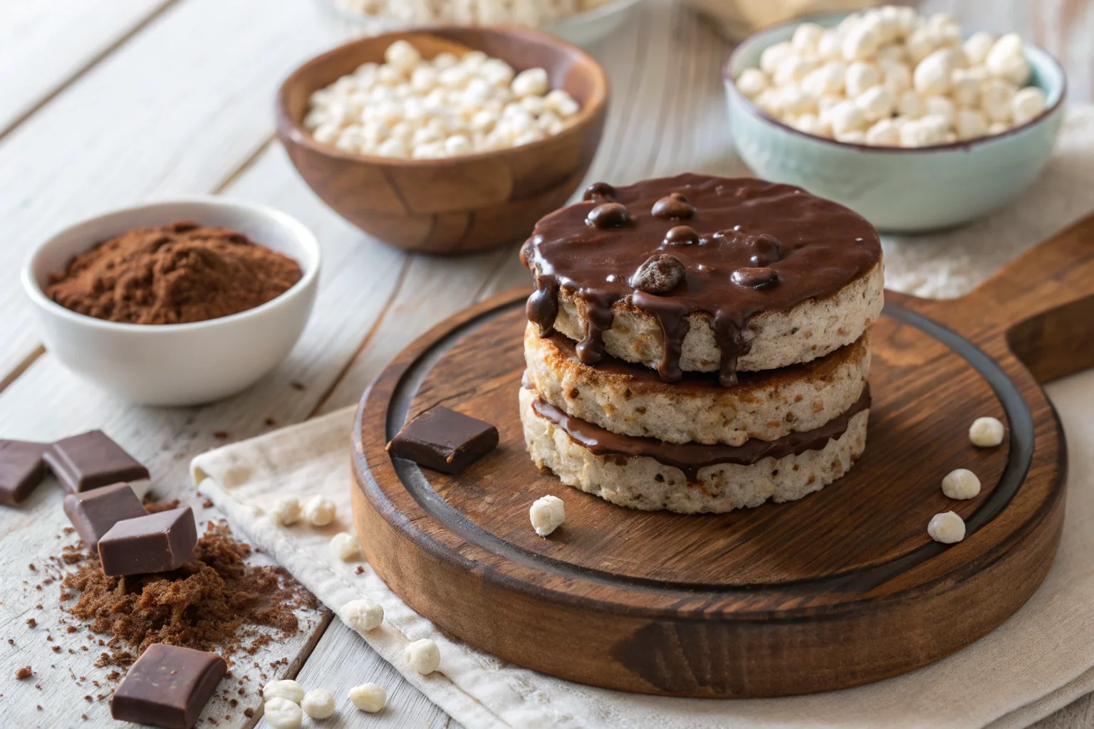 How do you make chocolate rice cakes? A stack of crispy rice cakes coated in melted chocolate, served on a rustic plate