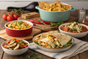 A variety of leftover rotisserie chicken recipes, including soup, salad, and casserole, plated on a rustic wooden table