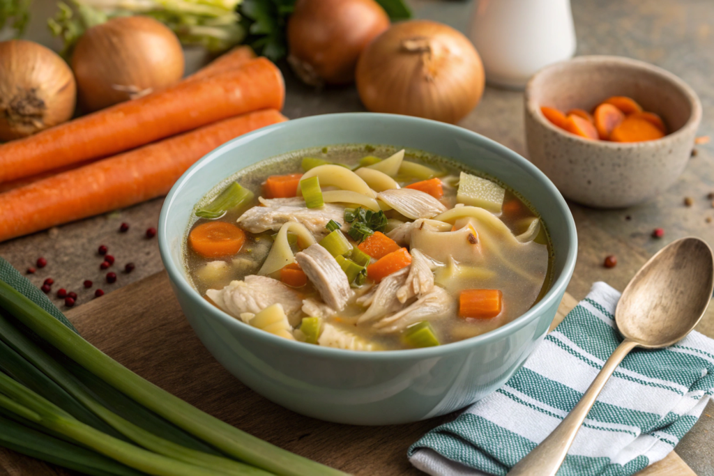 A comforting bowl of homemade chicken noodle soup with shredded rotisserie chicken, fresh vegetables, and thick noodles	