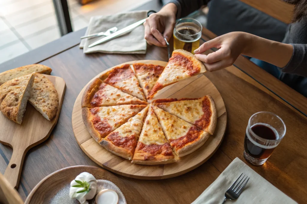 A 10-inch pizza sliced into six pieces, with two people reaching for a slice, showing typical portion sizes.