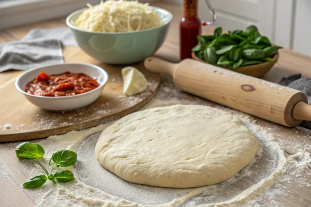 Freshly rolled 10 inch pizza dough on a floured wooden countertop with toppings nearby
