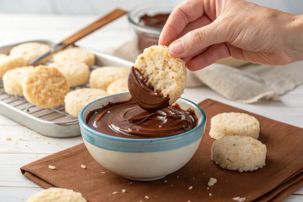 A crispy rice cake being dipped into warm, melted chocolate, creating a smooth and even coating	