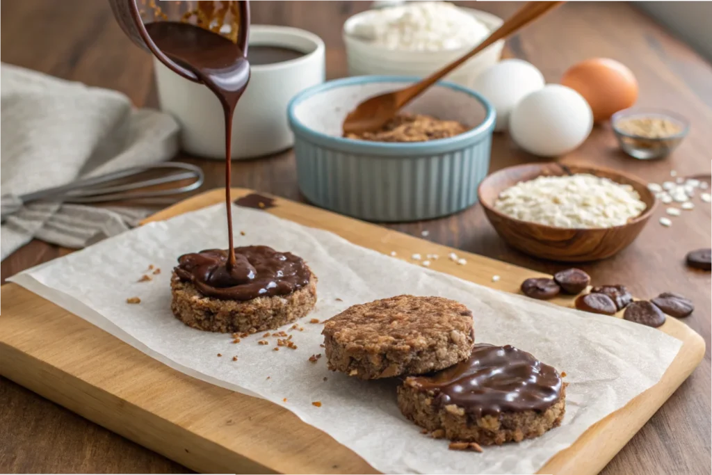 Drizzling melted dark chocolate over a homemade rice cake	