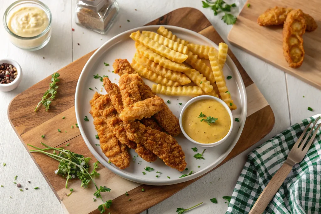 A delicious plate of homemade crispy chicken tenders and strips, served with waffle fries and honey mustard dipping sauce.
