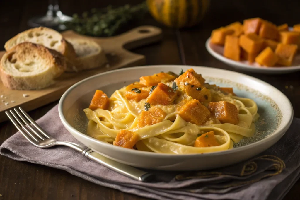 A plate of pasta coated in a silky roasted butternut squash and sweet potato sauce, topped with Parmesan and sage
