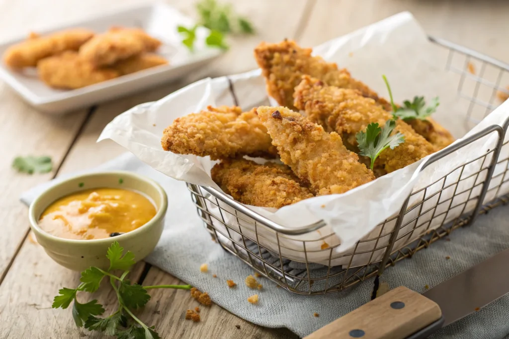 Golden-brown crispy chicken strips on a wire rack with a dipping sauce on the side.
