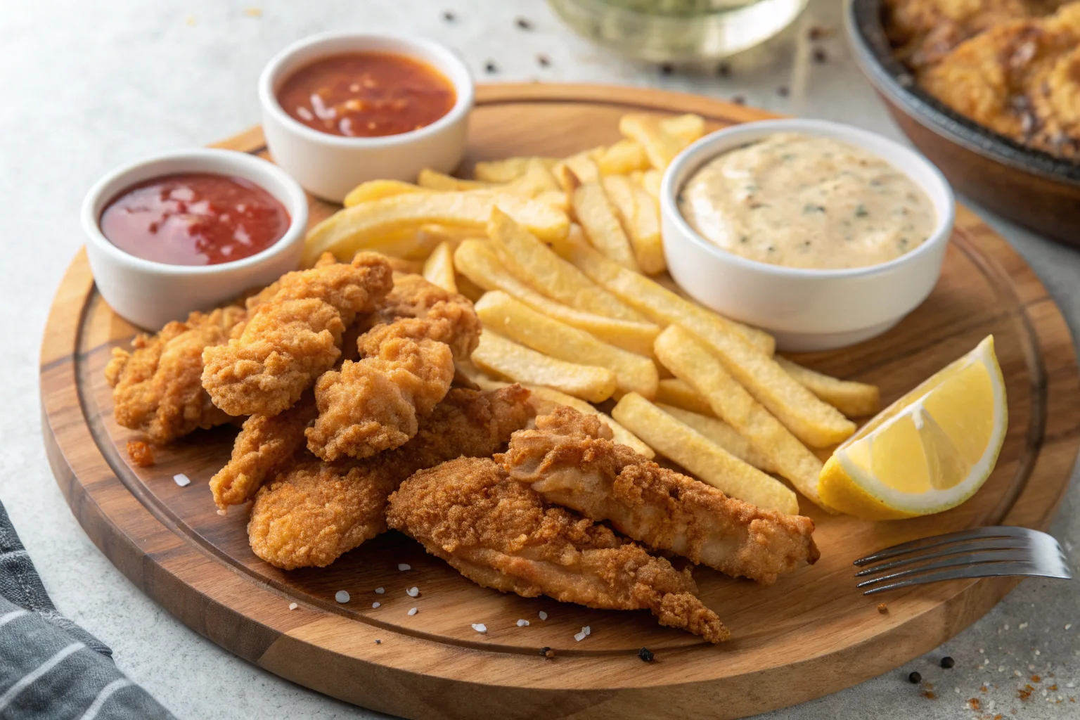 What's the difference between chicken tenders and strips? A close-up of crispy golden-brown tenders and strips with dipping sauces.