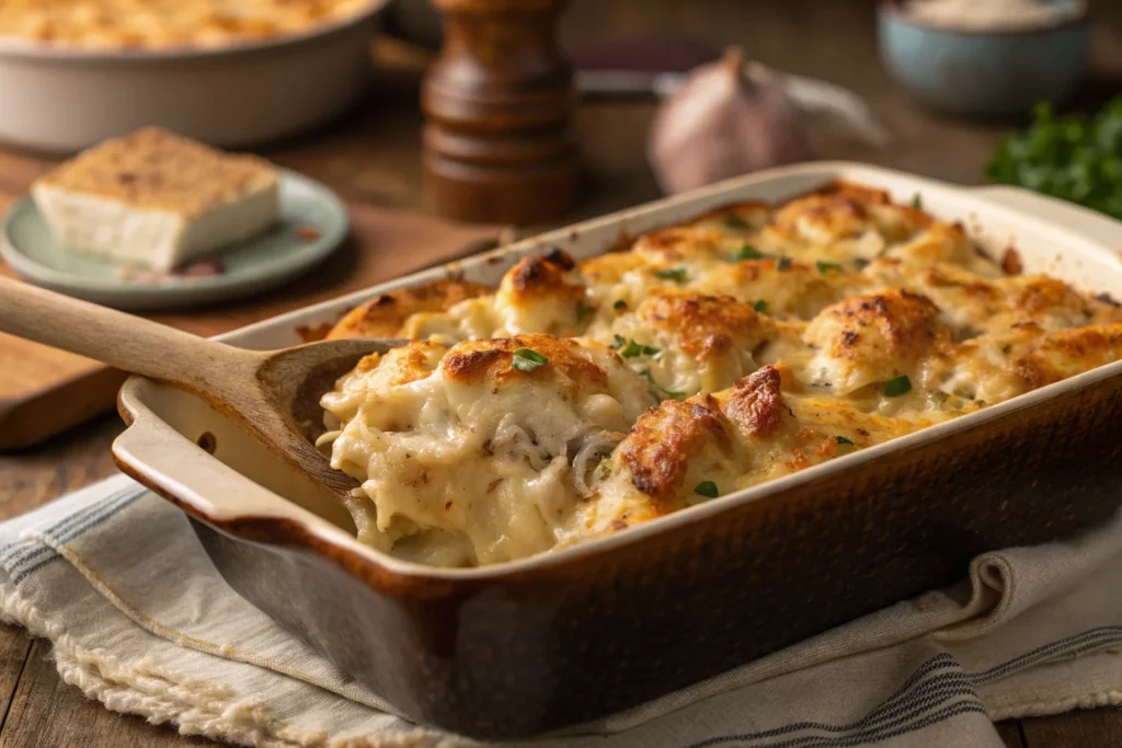 A cheesy and creamy rotisserie chicken casserole fresh from the oven	