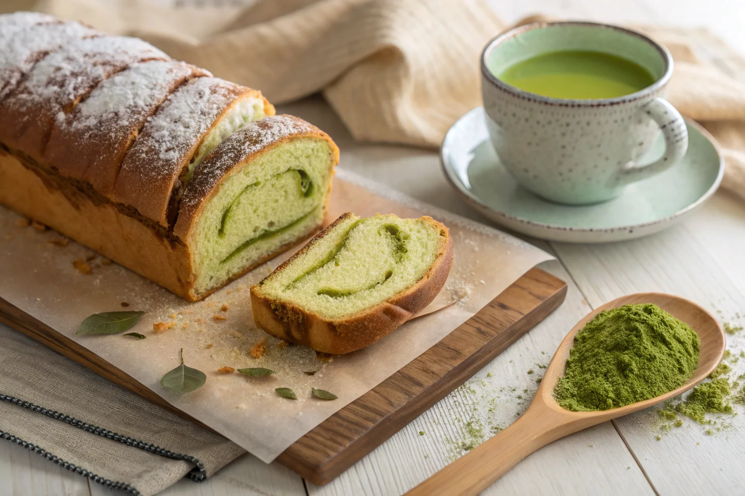 Freshly baked matcha pan with a golden crust and soft green interior, placed on a wooden board with matcha powder and tea beside it.