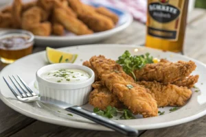 Close-up of crispy golden-brown chicken strips with ranch sauce – What are chicken strips made of?