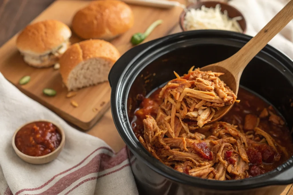 A slow cooker filled with tender, shredded pulled chicken slowcooker, coated in rich BBQ sauce, with a wooden spoon lifting a portion.