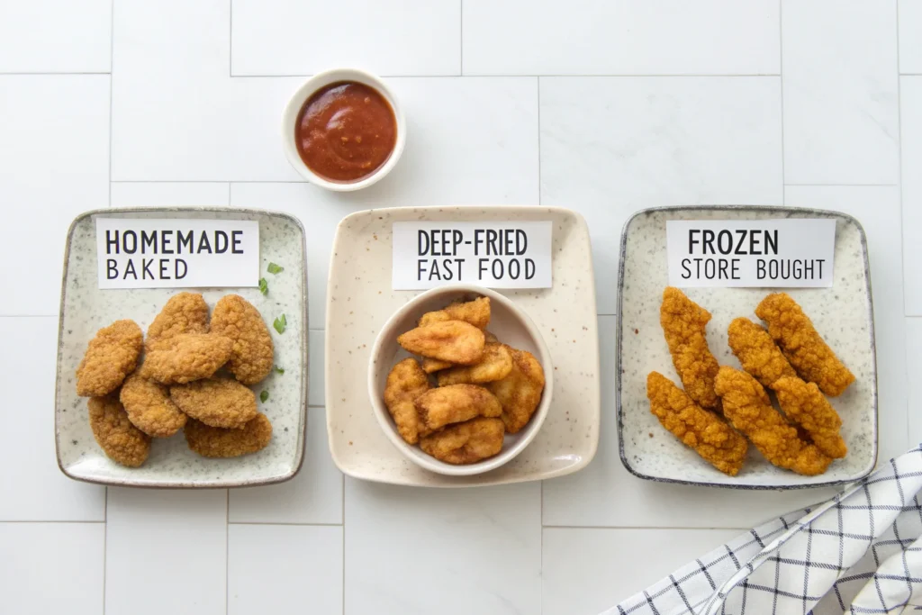 A side-by-side comparison of homemade, fast food, and frozen chicken strips with calorie labels
