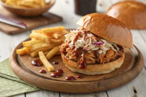 Close-up of a pulled chicken slowcooker sandwich with BBQ sauce and coleslaw, served on a toasted bun.