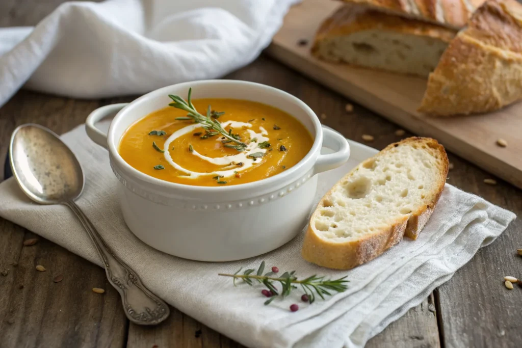 A bowl of creamy butternut squash and sweet potato soup, topped with fresh herbs and coconut milk drizzle
