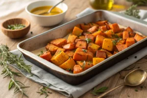 Crispy roasted butternut squash and sweet potatoes with herbs on a baking tray – healthy and delicious