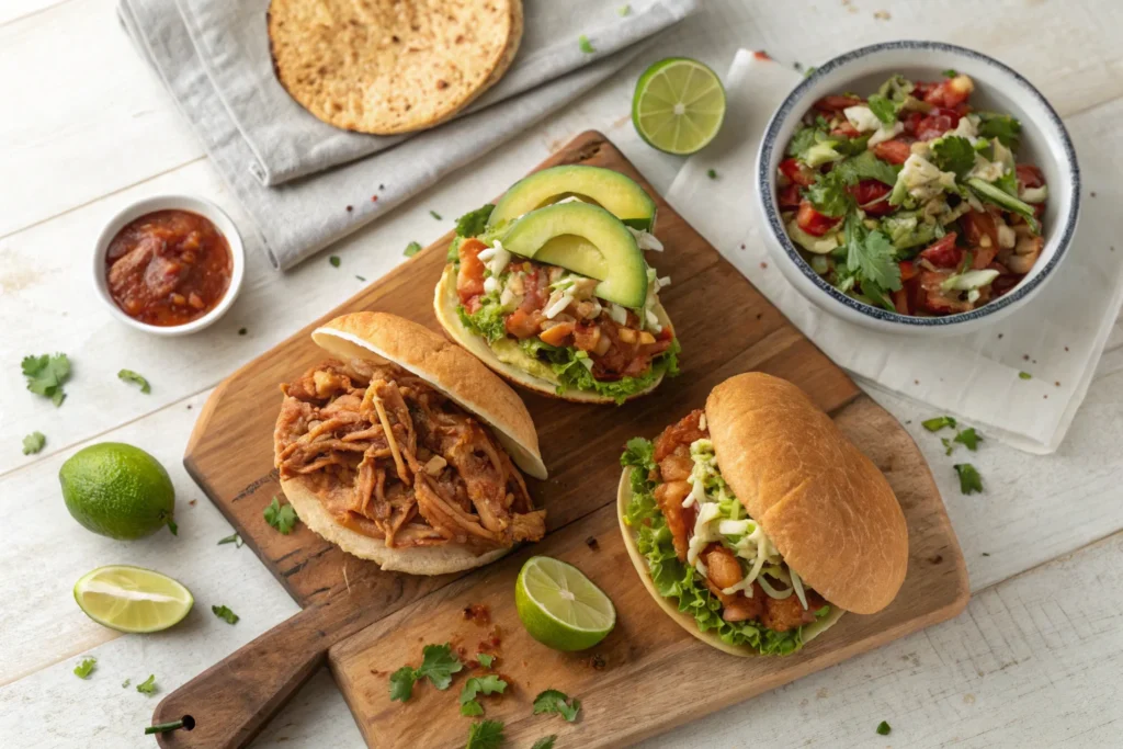 Pulled chicken slowcooker served in three styles: BBQ sandwich, tacos with avocado, and a fresh salad bowl.
