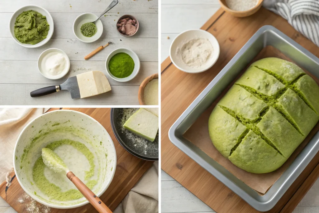 A step-by-step collage showing the process of making matcha pan, from mixing and kneading the dough to baking and slicing the final loaf.
