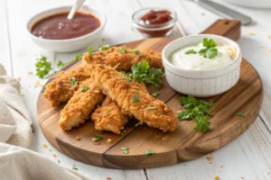 Close-up of crispy, golden chicken strips served with ranch and BBQ sauce on a wooden plate