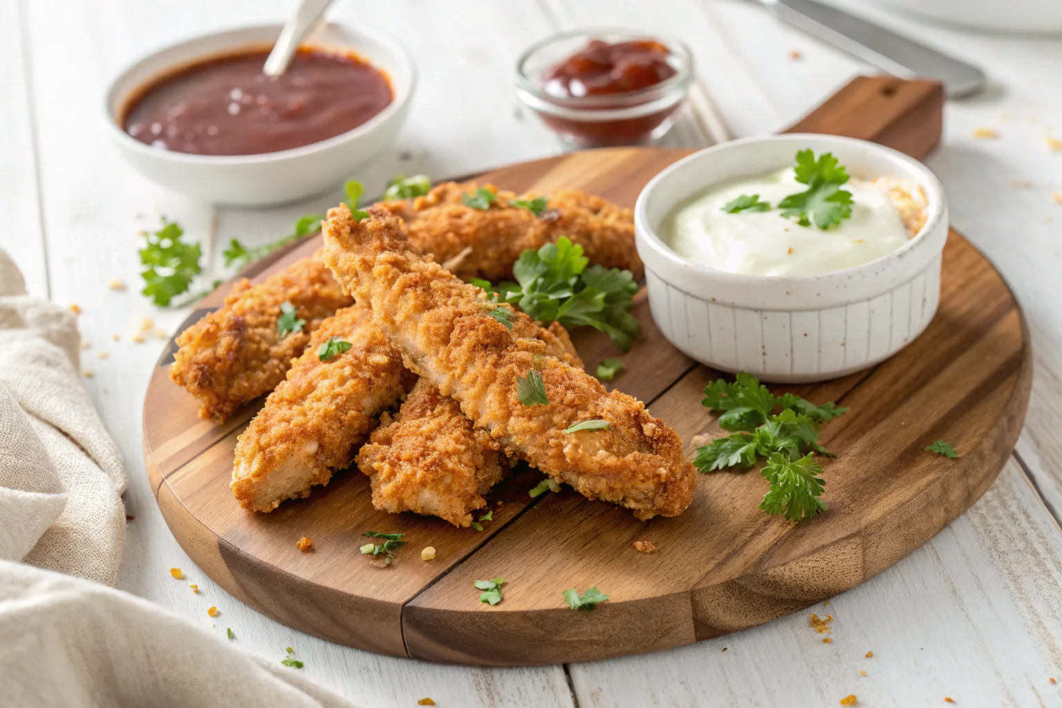 Close-up of crispy, golden chicken strips served with ranch and BBQ sauce on a wooden plate