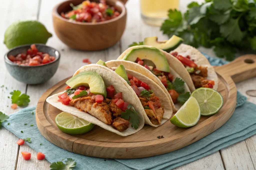 A plate of Mexican-inspired tacos filled with shredded rotisserie chicken, fresh salsa, and avocado	