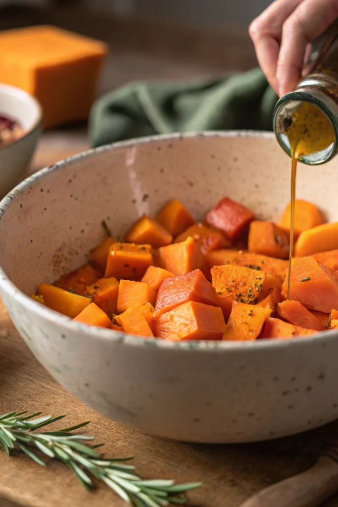 Hands mixing cubed butternut squash and sweet potatoes with olive oil and spices in a bowl
