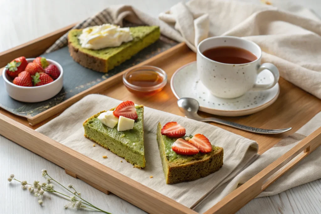 A slice of matcha pan with butter and honey, next to a steaming cup of tea, and another slice topped with cream cheese and fresh strawberries.
