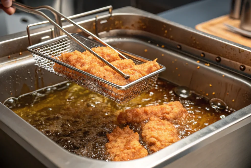 KFC chicken strips frying in hot oil, with crispy crust forming
