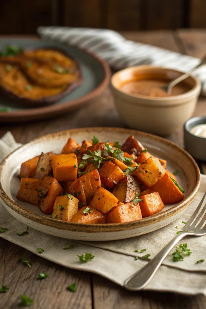 A plate of roasted butternut squash and sweet potatoes garnished with rosemary and feta cheese, served on a rustic plate
