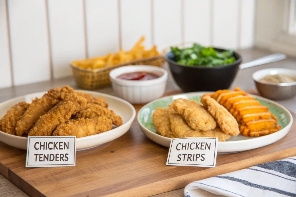 Close-up of chicken tenders and strips placed side by side to showcase the visual differences in texture and cut.
