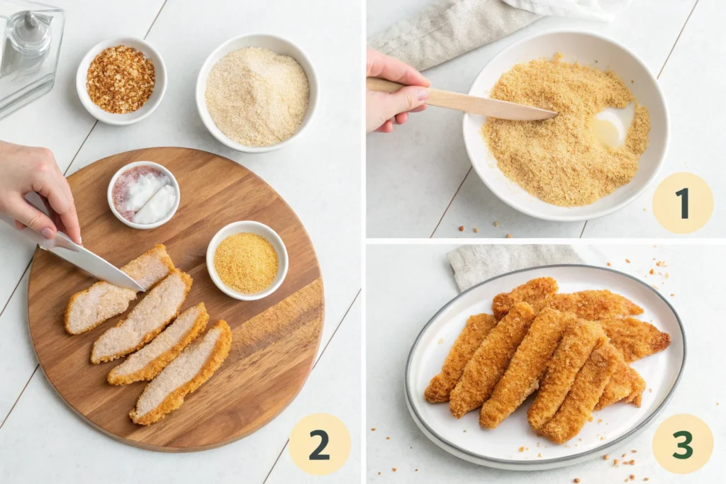 A demonstration of how to cut chicken into strips, showing three stages from whole breast to sliced pieces.
