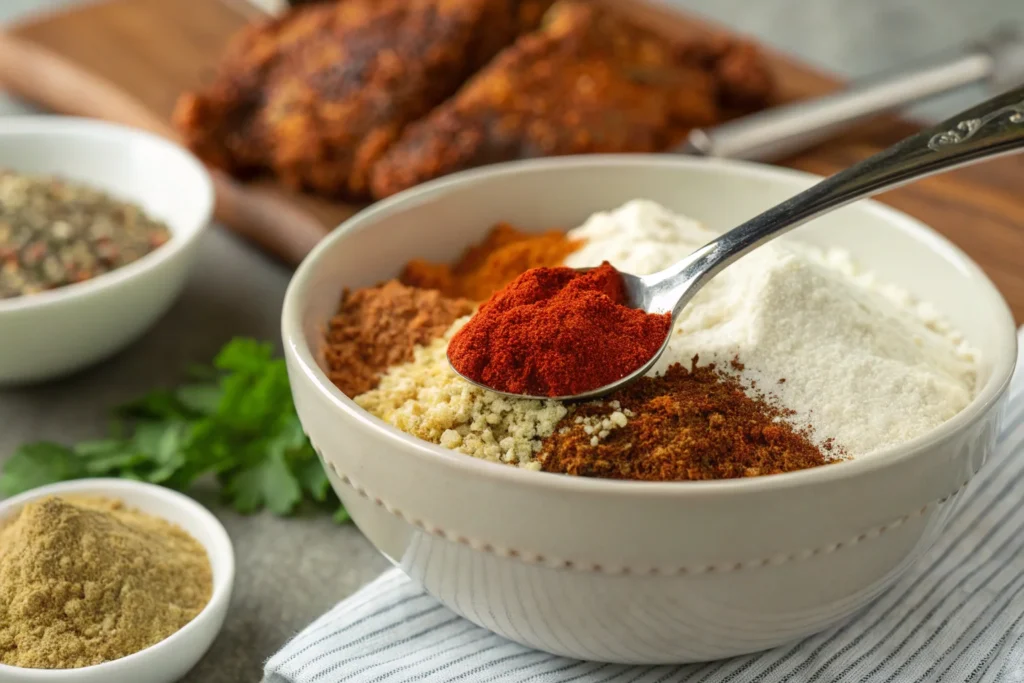 A bowl of KFC’s signature herbs and spices blend with a spoon lifting the mix
