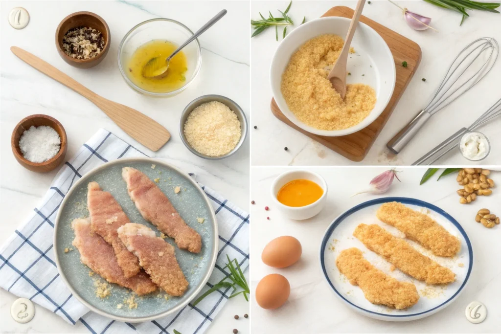 Raw chicken strips being coated in flour, egg wash, and breadcrumbs
