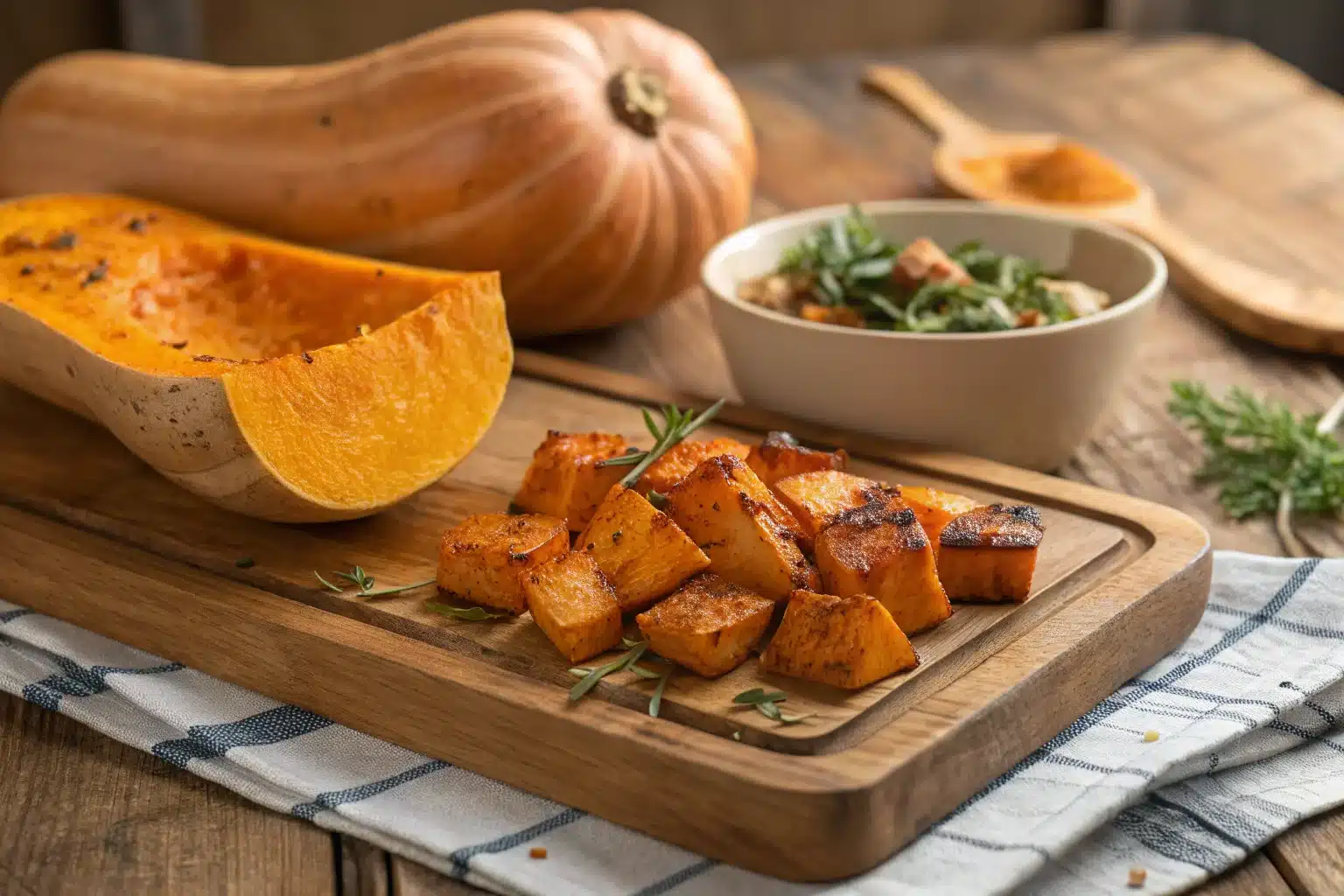 Whole and roasted butternut squash on a wooden cutting board.