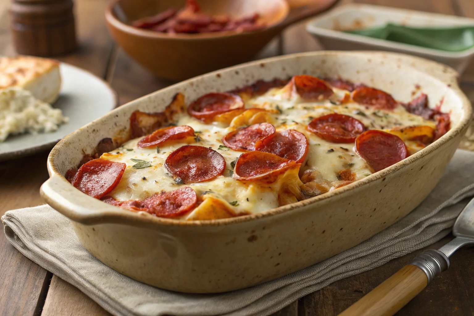 Cheese Tortellini Pepperoni Pizza Casserole fresh out of the oven