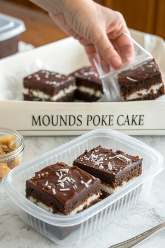 Mounds Poke Cake: The Ultimate Coconut-Chocolate Dessert Recipe 3 Mounds Poke Cake: The Ultimate Coconut-Chocolate Dessert Recipe Freezing Mounds Poke Cake for later