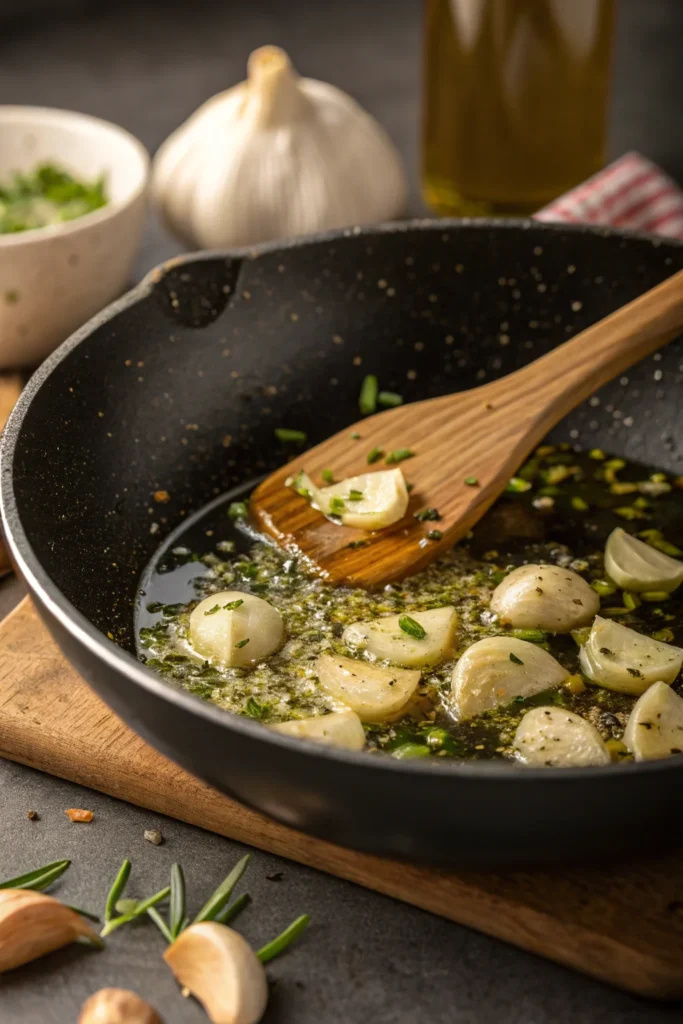 Cheesy Garlic Chicken and Broccoli Pasta: Creamy, Easy, and So Delicious 2 Cheesy Garlic Chicken and Broccoli Pasta: Creamy, Easy, and So Delicious Garlic sautéing in olive oil for Cheesy Garlic Chicken and Broccoli Pasta