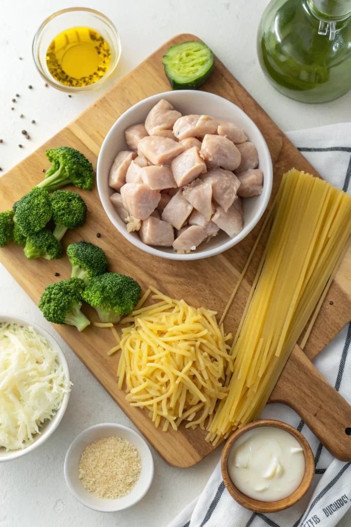Cheesy Garlic Chicken and Broccoli Pasta: Creamy, Easy, and So Delicious 1 Cheesy Garlic Chicken and Broccoli Pasta: Creamy, Easy, and So Delicious Ingredients for Cheesy Garlic Chicken and Broccoli Pasta on a kitchen counter