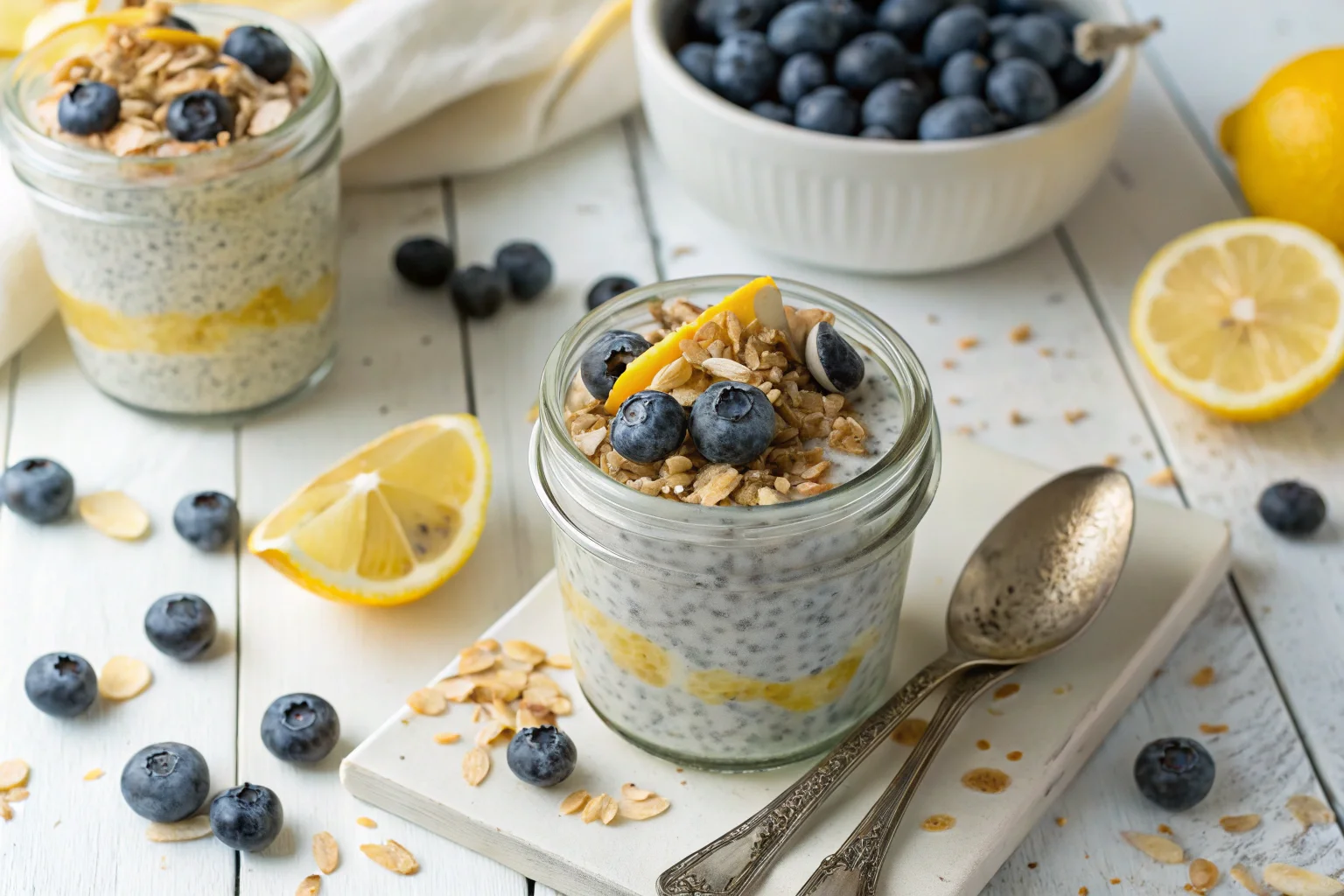 Lemon Coconut Chia Seed Pudding in a jar with citrus and coconut topping