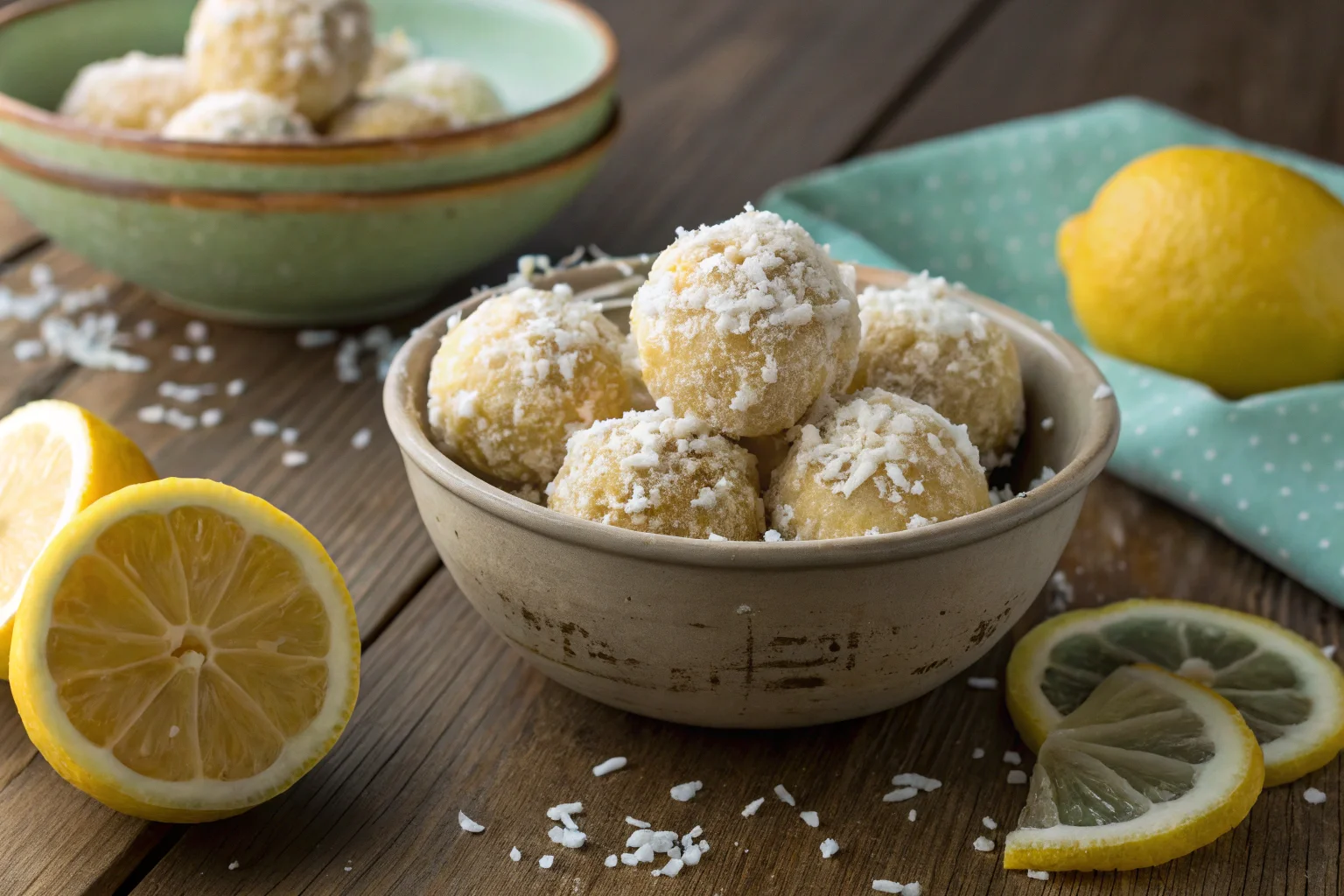 Close-up of lemon coconut energy balls with shredded coconut and lemon zest